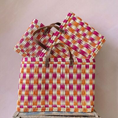 Chequered Reed Basket, Pink + Orange - Set of 3