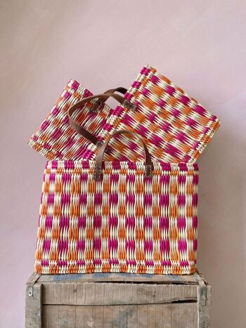 Panier à roseaux à carreaux, rose + orange - Lot de 3 1