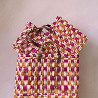 Chequered Reed Basket, Pink + Orange - Set of 3