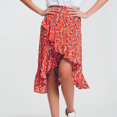 asymetric wrap printed red skirt