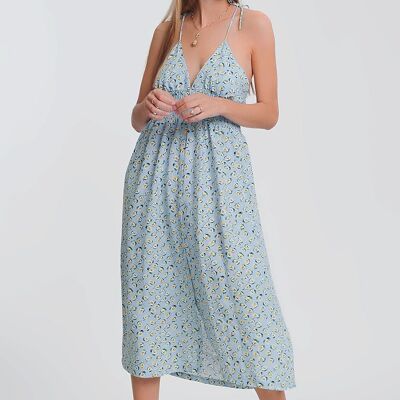 open back maxi dress in blue floral