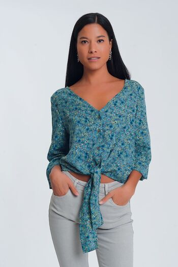 Blouse à manches longues, col en V, détail boutonné, imprimé floral vert 1