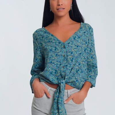 Long sleeve v neck blouse with button detail in green floral print