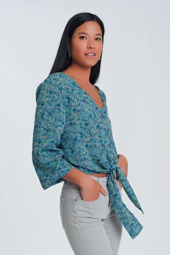 Blouse à manches longues, col en V, détail boutonné, imprimé floral vert 5