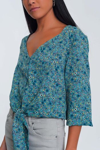 Blouse à manches longues, col en V, détail boutonné, imprimé floral vert 6