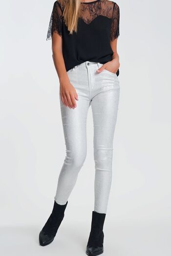 Pantalon taille haute super skinny avec paillettes argentées en blanc 1