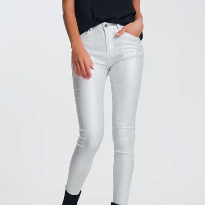 Pantaloni super skinny a vita alta con brillantini argentati in bianco