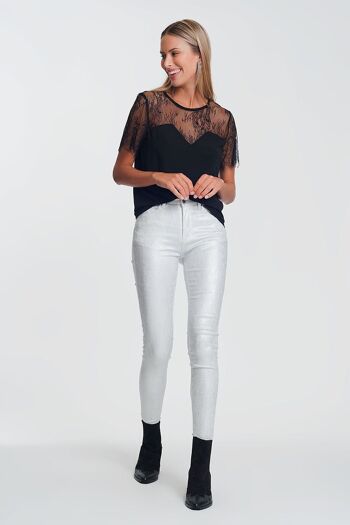 Pantalon taille haute super skinny avec paillettes argentées en blanc 3