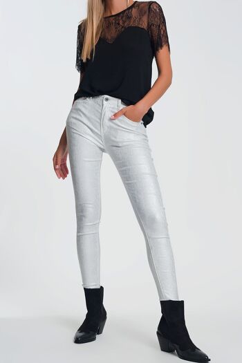Pantalon taille haute super skinny avec paillettes argentées en blanc 6