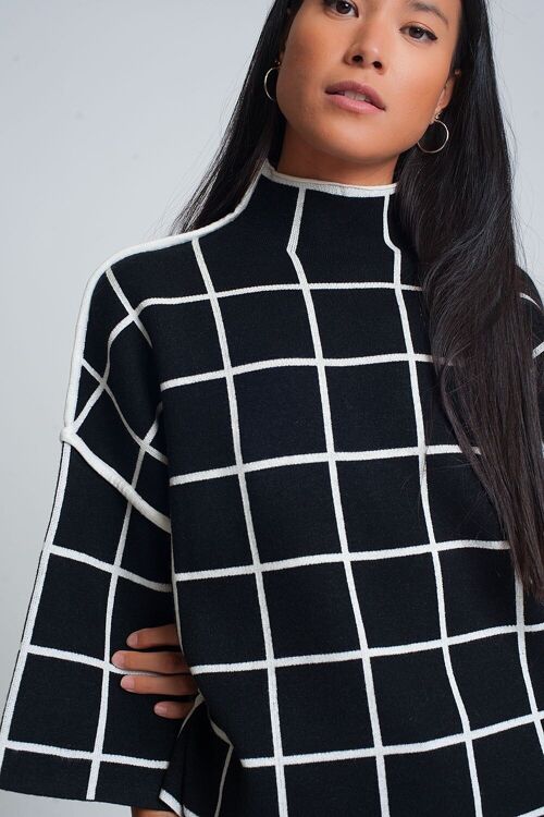 Black sweater with chequered print in 3/4 sleeve and high neck