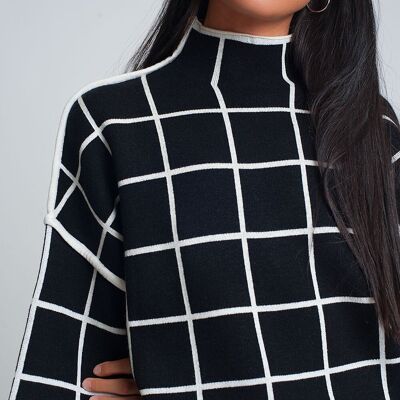 Black sweater with chequered print in 3/4 sleeve and high neck