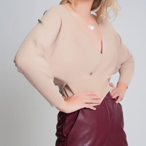 Pull en maille à col V croisé en beige