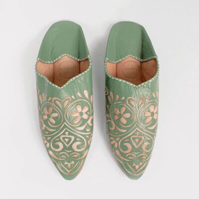Moroccan Decorative Heart Babouche Slippers, Sage