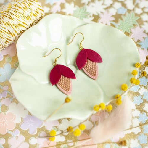 Boucles d'oreilles Bourgeons - cuir rouge et rose