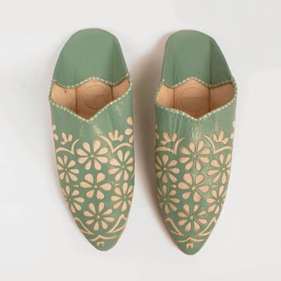 Moroccan Decorative Daisy Babouche Slippers, Sage