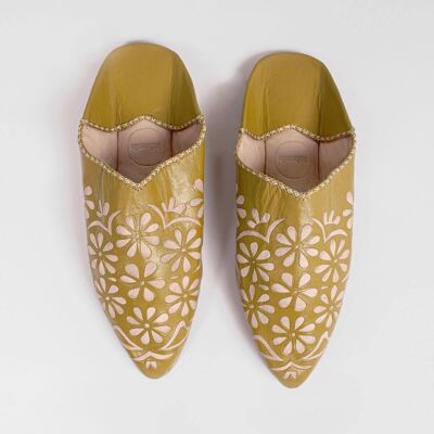 Moroccan Decorative Daisy Babouche Slippers, Mustard