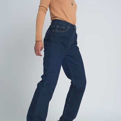 High rise straight cut jeans in dark blue