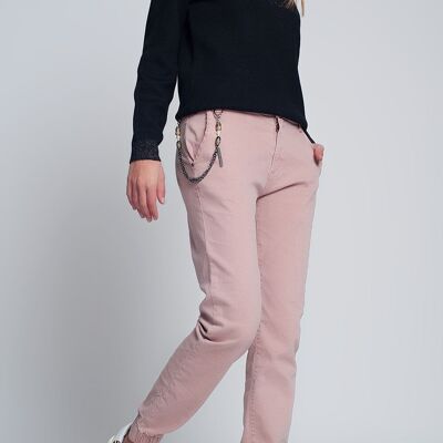 Cuffed utility pants with chain in pink