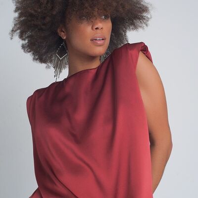 Gathered satin shoulder pad sleeveless top in red