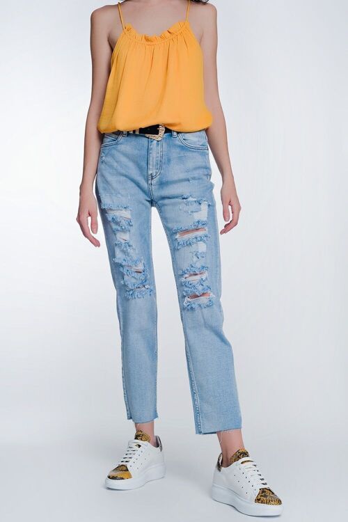 wide leg cropped raw hem jeans in blue colour