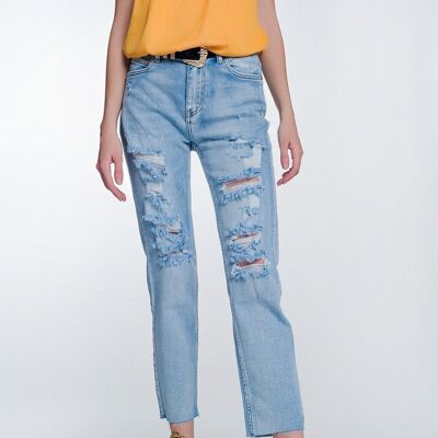 Jeans cropped con orlo grezzo a gamba larga di colore blu