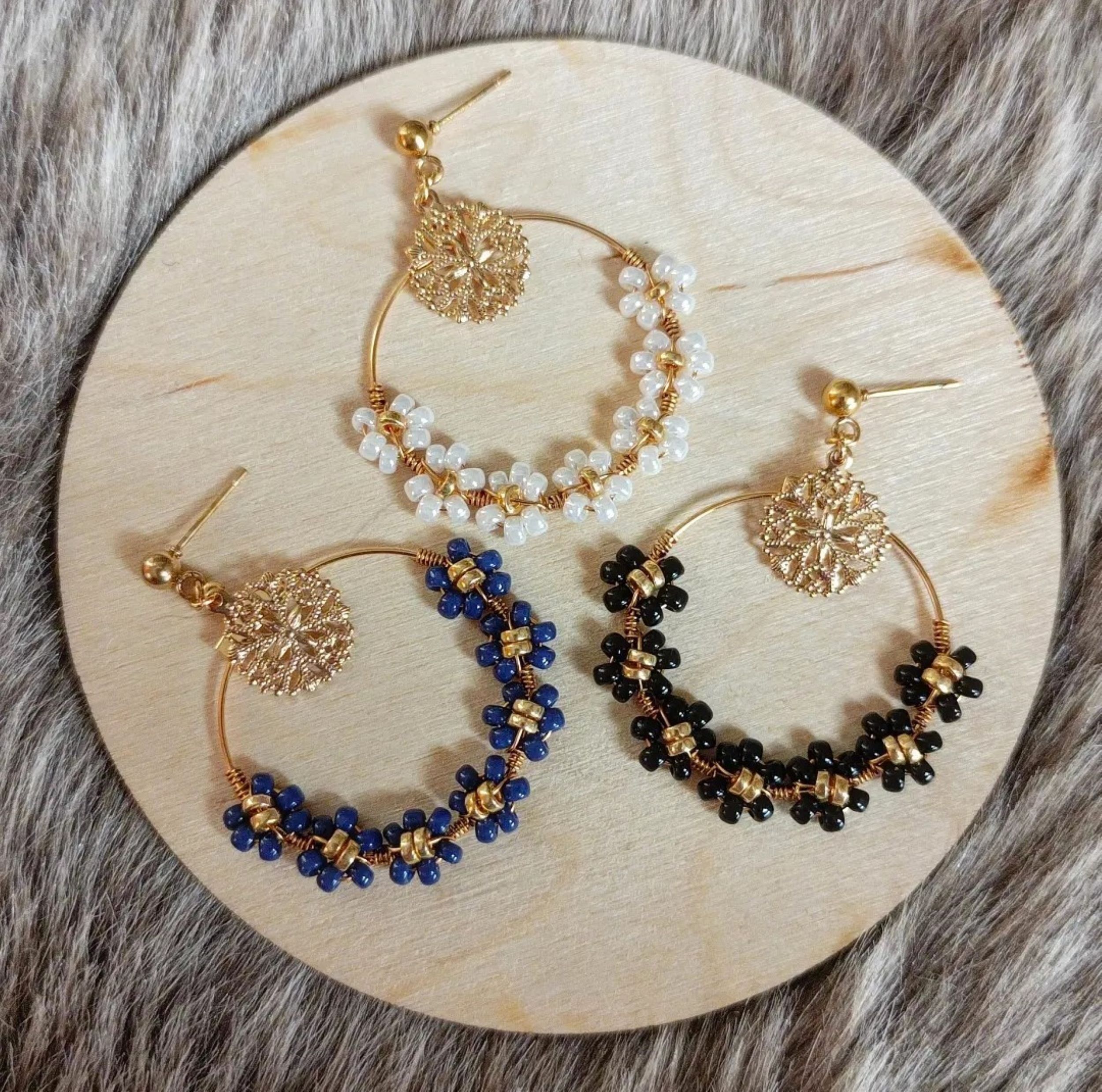 ROSALIND flower hoop earrings with seed beads