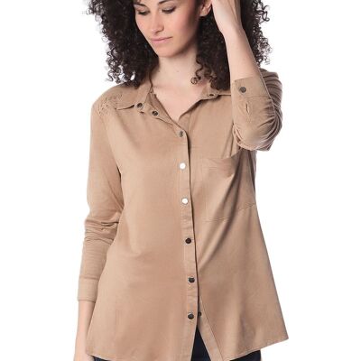 Camicia beige a maniche lunghe con dettaglio lacci