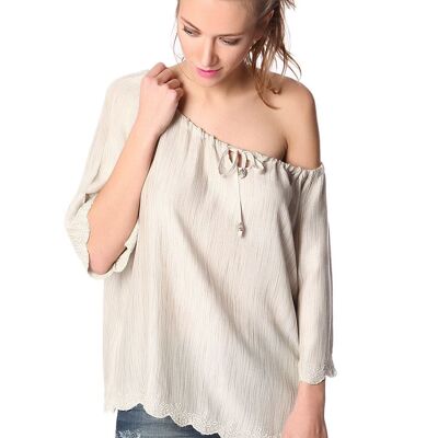 Beige off shoulder top in textured fabric with embroidered detail