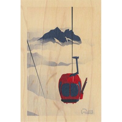 Carte postale en bois - ski le télécabine