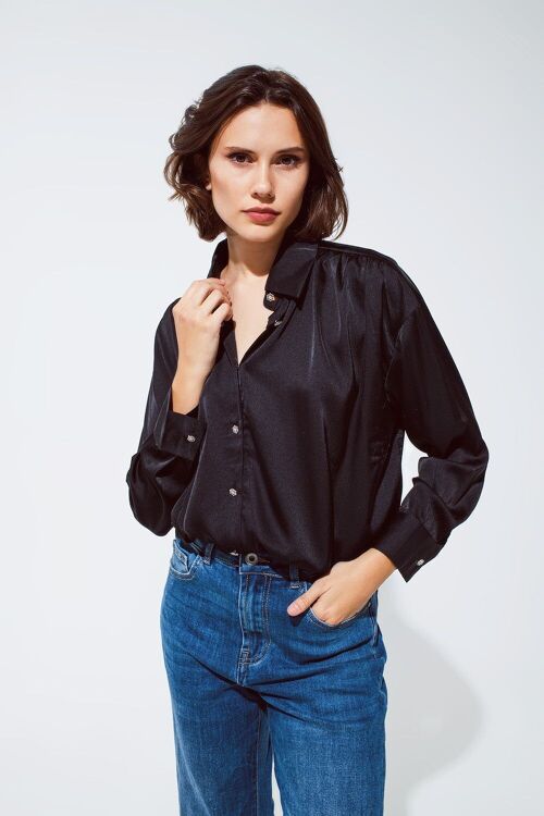 black satin blouse with rhinestone buttons