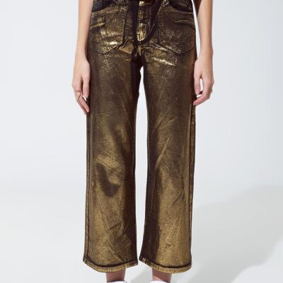 Schwarze Jeans mit geradem Bein und goldenem Metallic-Glanz
