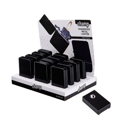 Display of 12 windproof matte black flint lighters