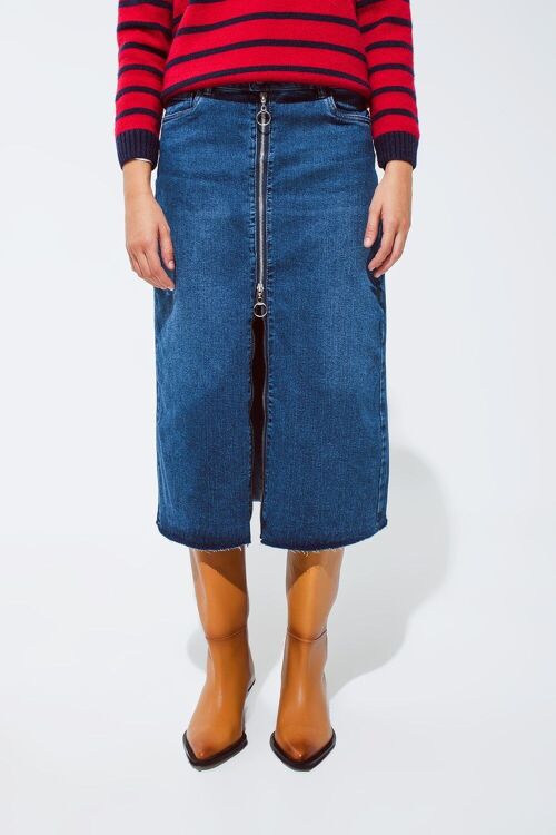 Blue maxi demin skirt with a long zipper chunky zipper down the front in Medium wash