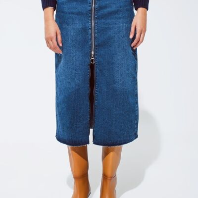 Jupe longue en jean bleue avec une longue fermeture éclair épaisse sur le devant en délavage moyen
