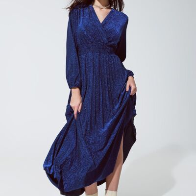 Blue shiny fitted high waist maxi dress with V neck