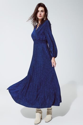 Robe longue bleue brillante taille haute ajustée avec col en V 2