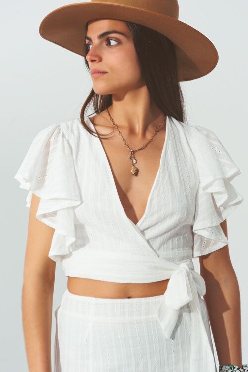 Broderie Wrap Crop Top in White