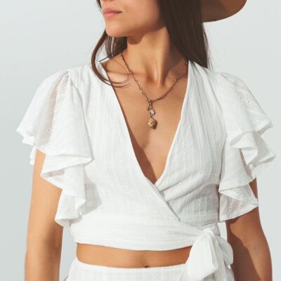 Broderie Wrap Crop Top in White