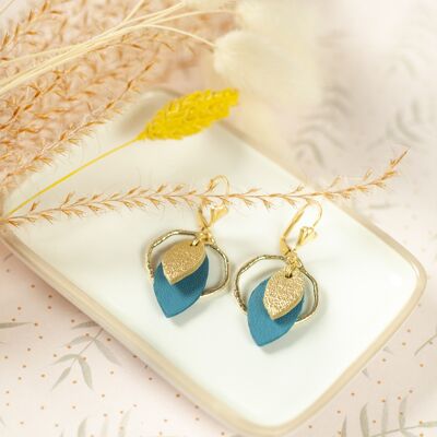 Hoops and Sequins earrings - golden and teal blue leather