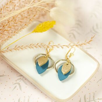 Boucles d'oreilles Créoles et Sequins - cuir doré et bleu canard 1