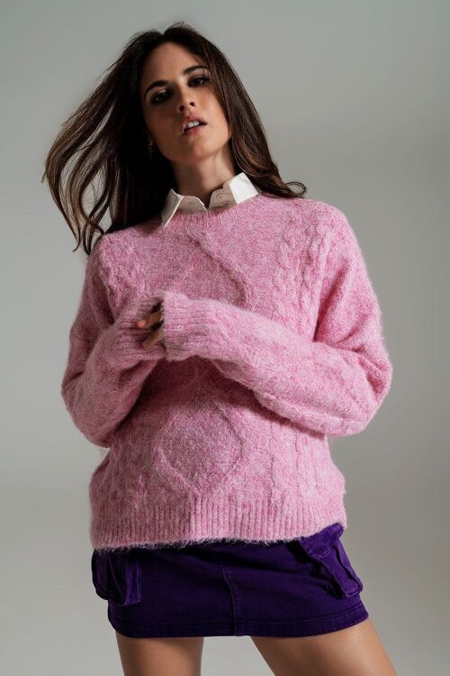 Cable Knit Sweater in Melange Pink