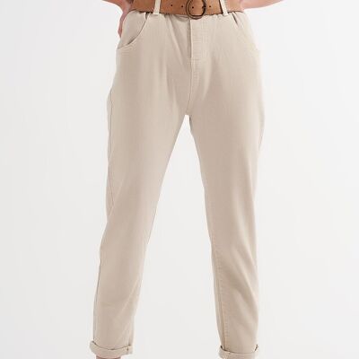 Mom jeans elasticizzati in vita con sacchetto di carta in beige