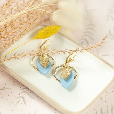 Creoles and Sequins earrings - golden and cyan blue leather