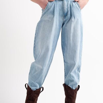 High rise relaxed jeans with pleat front in bleach wash