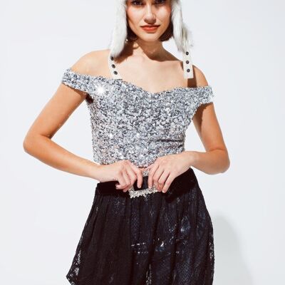 Cropped sequin glitter top in silver