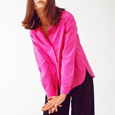 Embellished Shirt With Uneven Hem in Fuchsia