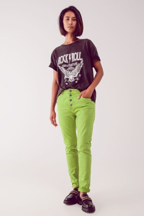 Exposed buttons skinny jeans in green