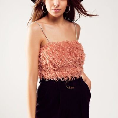 Faux feather crop cami in pink