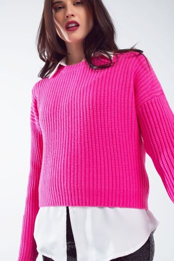 Pull décontracté en maille gaufrée fuchsia vif 1