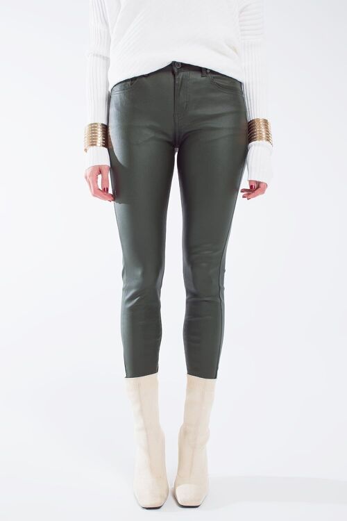 leatherette effect super skinny pants in olive green